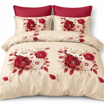 Pościel160x200 czerwone kwiaty z prześcieradłem – komplet premium 4cz PK816